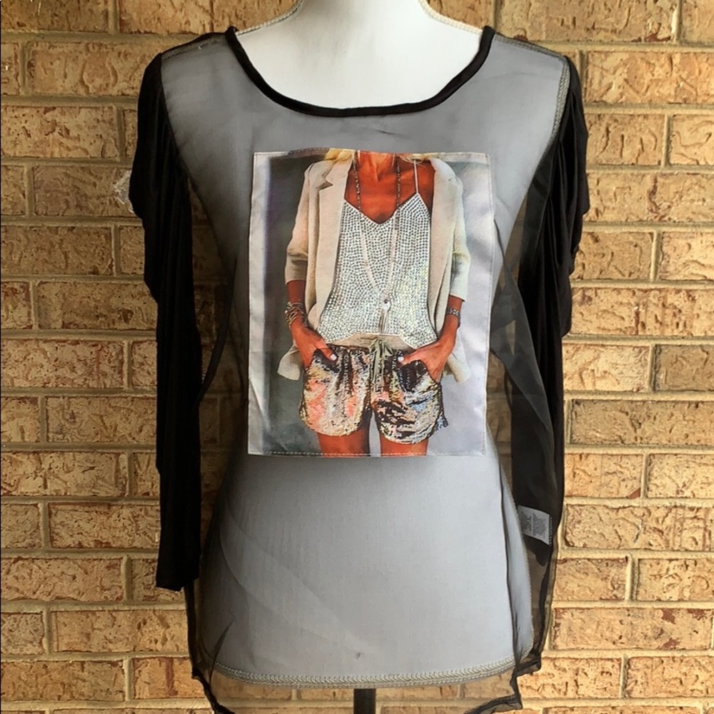 Black Sheer Graphic Bling Shirt.